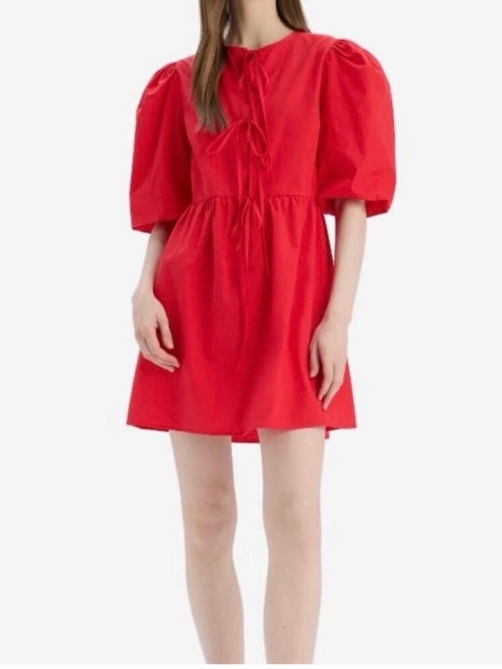 Bright Red Puff Sleeve Mini Dress with Tie Front